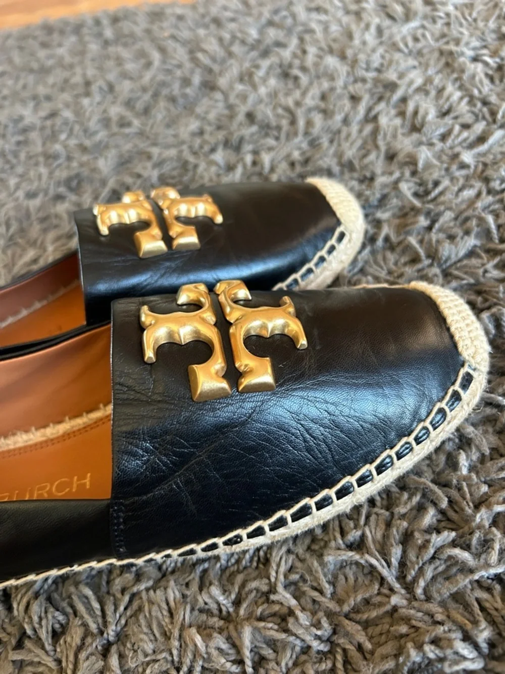 Tory Burch ELEANOR ESPADRILLE Black Leather Espadrille Flats with Gold Logo
